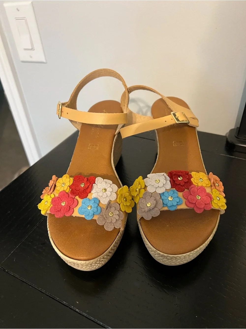 Floral Multi-Color Leather Wedge Sandals - Women
